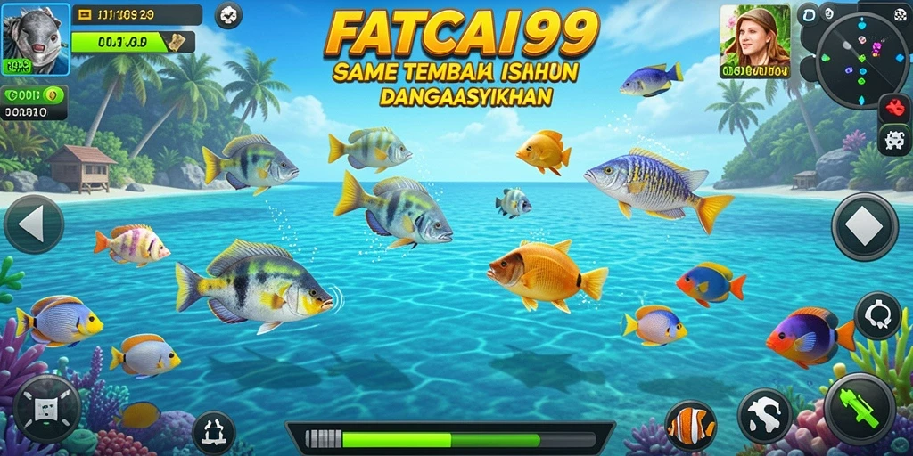 Screenshot menunjukkan momen seru menembak ikan di FATCAI99.