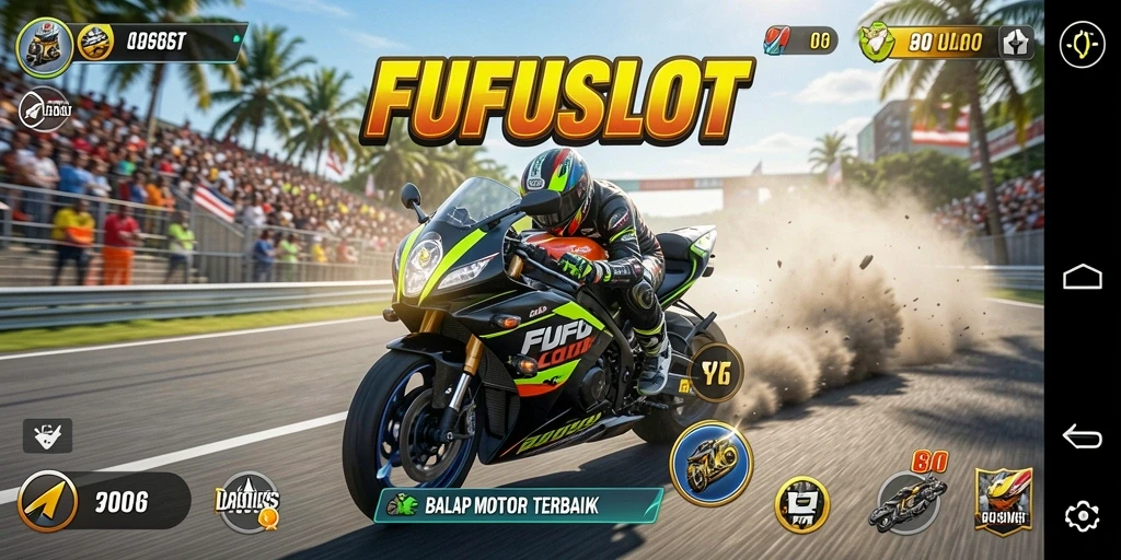 Screenshot FUFUSLOT menunjukkan ketegangan balapan motor yang mendebarkan.