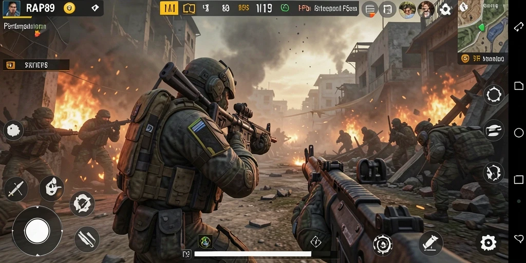 Screenshot menunjukkan aksi intens dalam pertempuran FPS di RAP89.